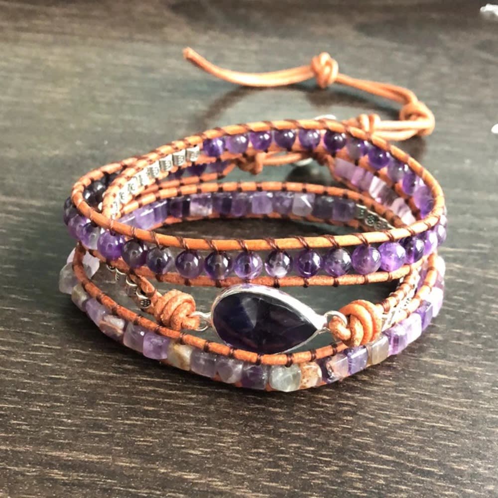 Natural Stone Bohe Amethyst Drop Shaped Three Layers Purple Braided Lily Beads Bracelet for Women Girl Jewelry Gift